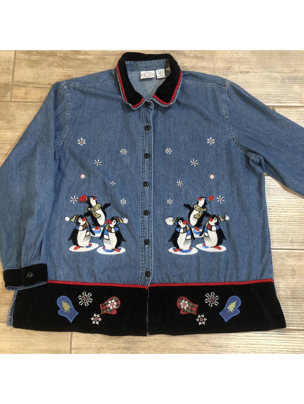 Vtg Carolina Blues Plus Christmas Denim Shirt Size‎ 22